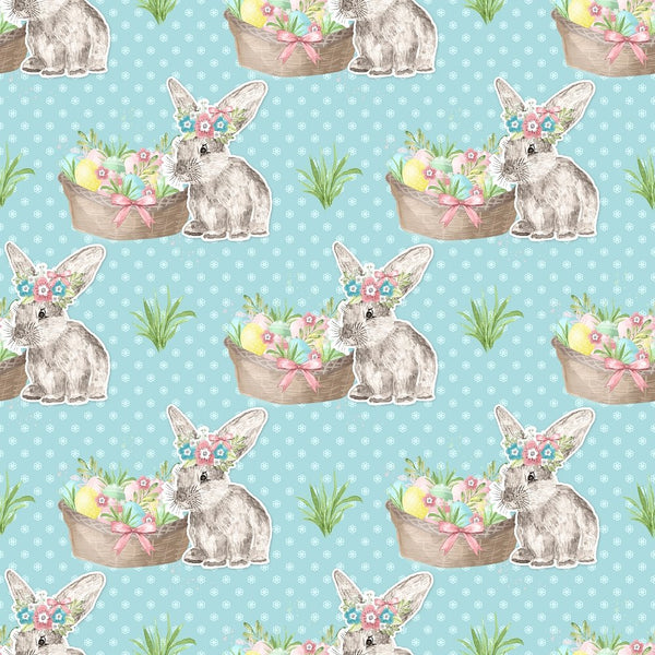 Easter Bunny with Basket on Floral Fabric - Blue - ineedfabric.com