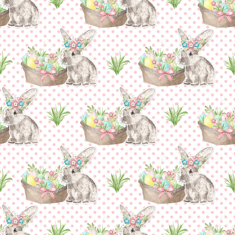 Easter Bunny with Basket on Floral Fabric - White - ineedfabric.com