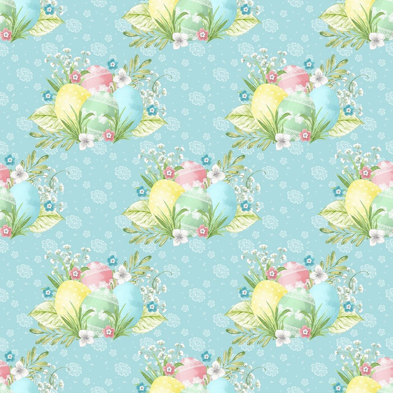 Easter Eggs on Dainty Floral Fabric - Blue - ineedfabric.com