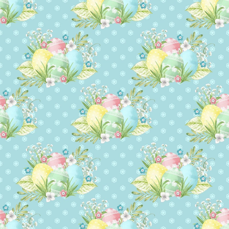 Easter Eggs on Floral Fabric - Blue - ineedfabric.com
