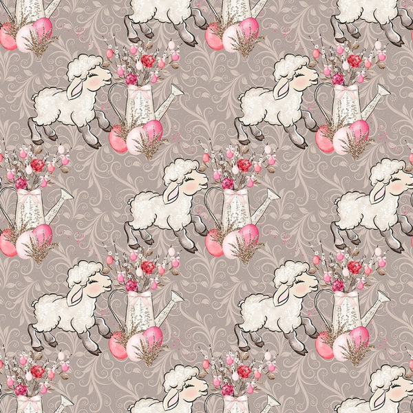Easter Flowers & Lamb on Swirls Fabric - Gray - ineedfabric.com
