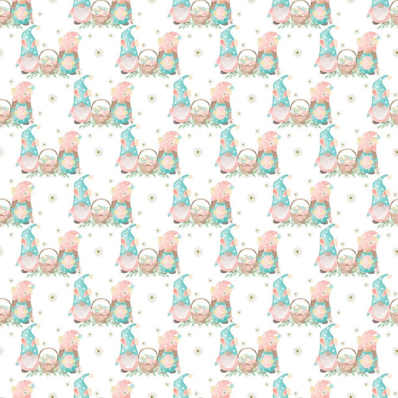 Easter Rainbow Gnomes with Basket Fabric - White - ineedfabric.com