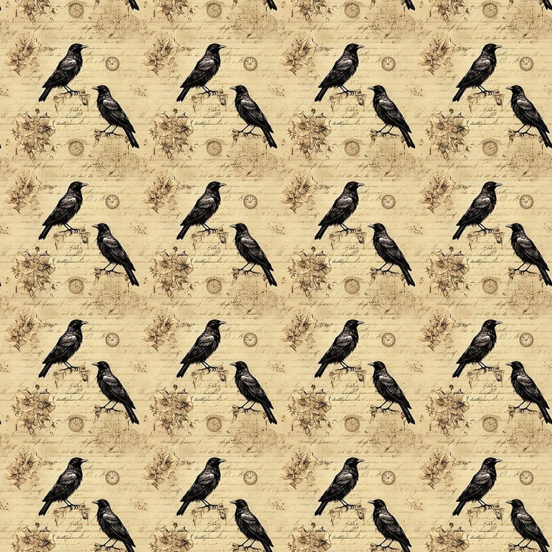 Edgar Allen Poe Crows & Old Letter 1 Fabric - ineedfabric.com