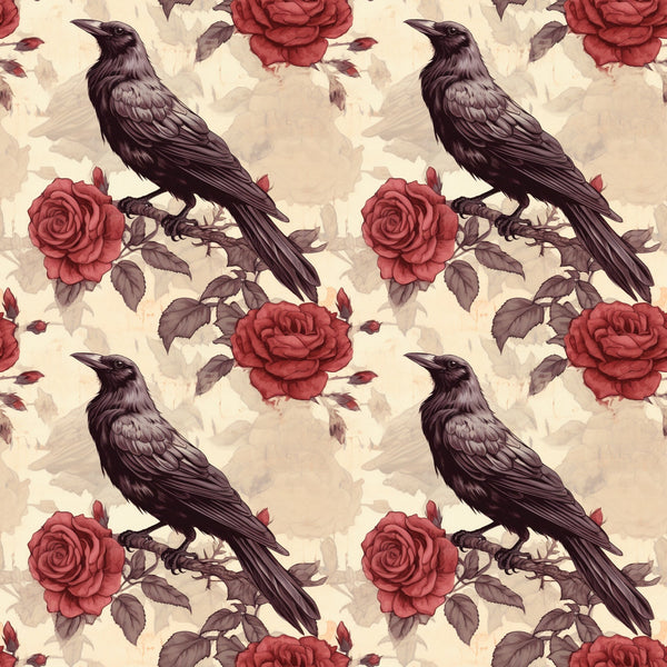 Edgar Allen Poe Crows & Roses 1 Fabric - ineedfabric.com