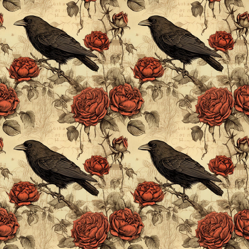 Edgar Allen Poe Crows & Roses 2 Fabric - ineedfabric.com
