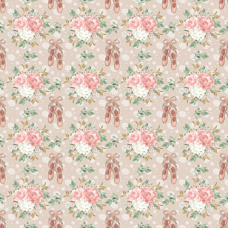 Elegant Ballerina Point Shoes and Floral Bouquets Fabric - Tan - ineedfabric.com
