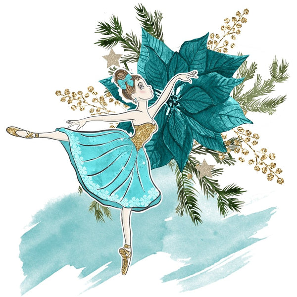 Elegant Nutcracker Ballerina and Poinsettia Fabric Panel - Blue - ineedfabric.com