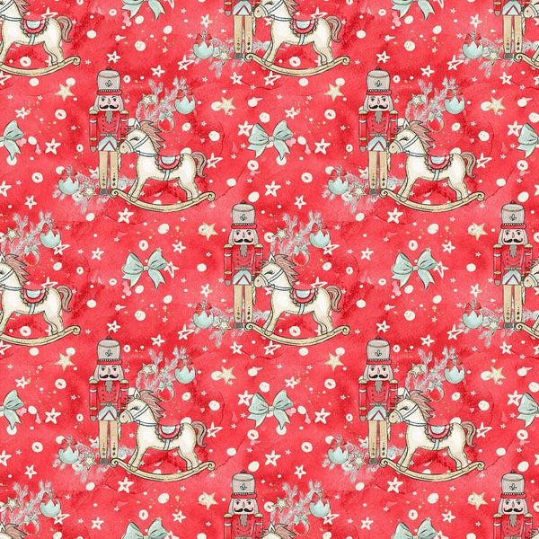 Elegant Nutcracker Next to Rocking Horse Fabric - Red - ineedfabric.com