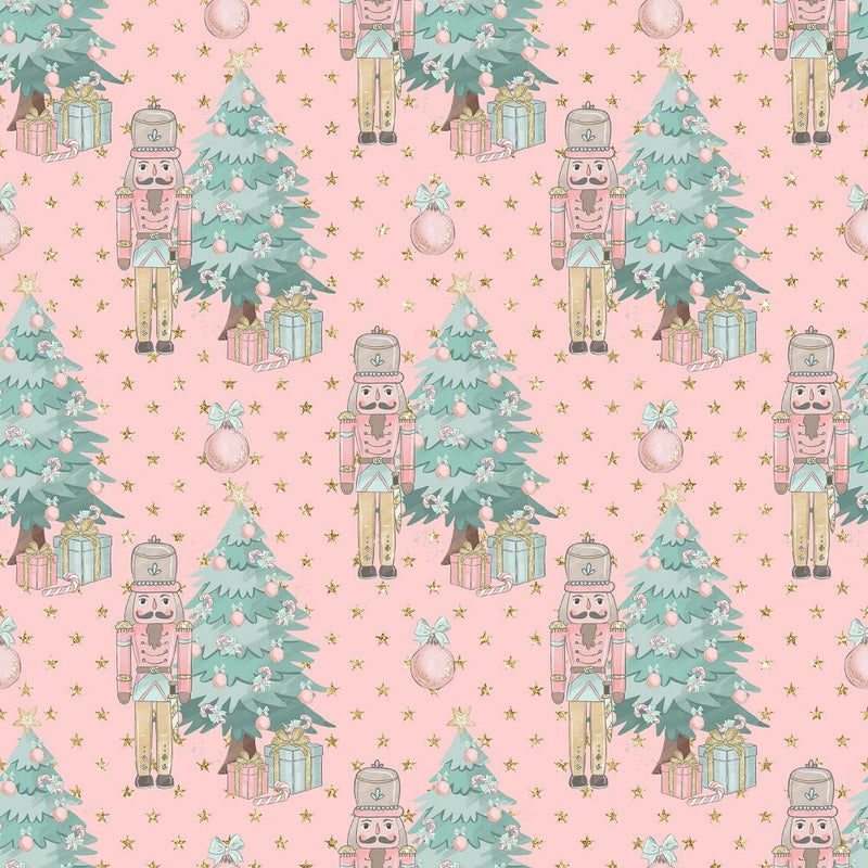Elegant Nutcracker Next to Tree Fabric - Pink - ineedfabric.com