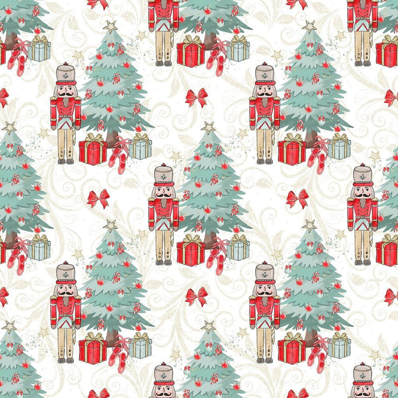 Elegant Nutcracker Next to Tree Fabric - White - ineedfabric.com