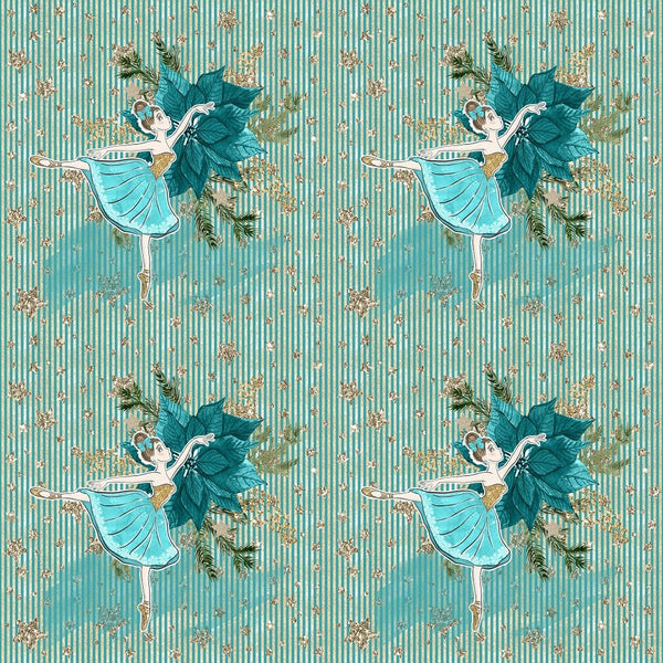 Elegant Nutcracker Poinsettias and Ballerinas on Stripes Fabric - Blue - ineedfabric.com