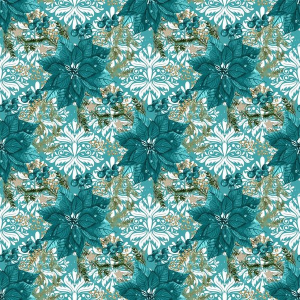 Elegant Nutcracker Poinsettias on Damask Fabric - Blue - ineedfabric.com