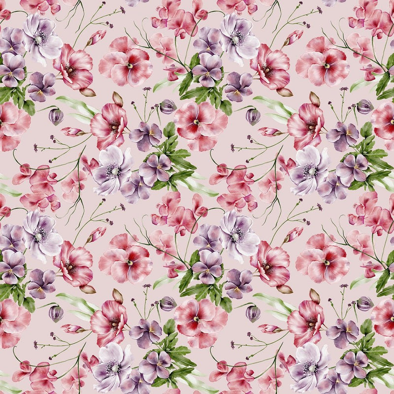 English Garden Pansies, Cosmos, and Poppies Fabric - Pink - ineedfabric.com