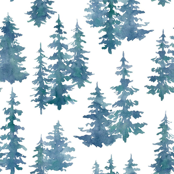 Evergreen Fir Trees Watercolor Fabric - Blue - ineedfabric.com