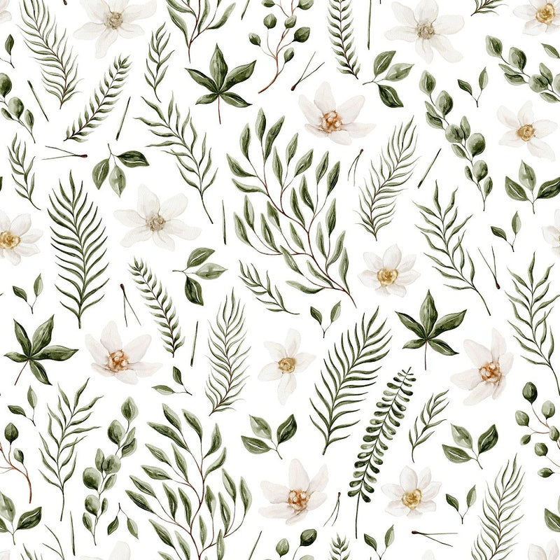 Evergreen Forest Floral 1 Fabric - White - ineedfabric.com