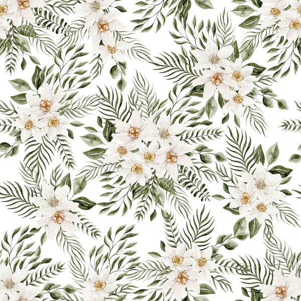 Evergreen Forest Floral 2 Fabric - White - ineedfabric.com