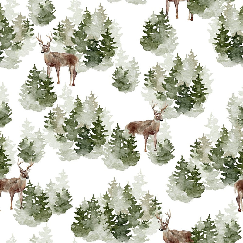 Evergreen Forest Scene 5 Fabric - White - ineedfabric.com