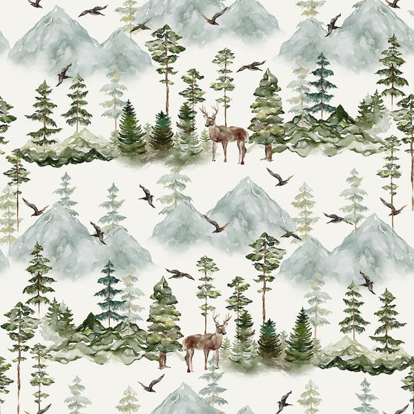 Evergreen Forest Scene 6 Fabric - White - ineedfabric.com