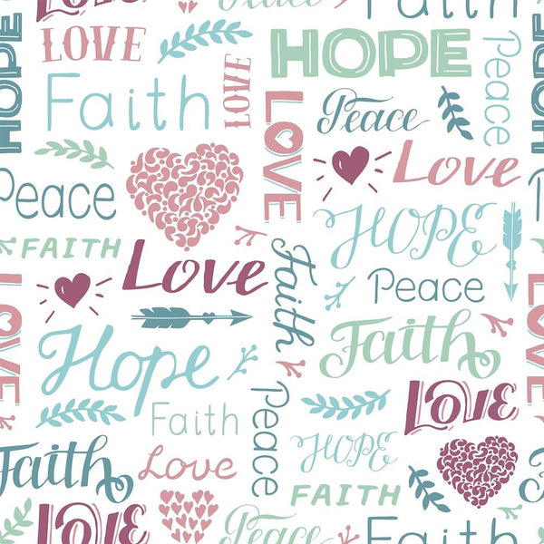 Faith, Hope, Love, Peace & Hearts Fabric - ineedfabric.com