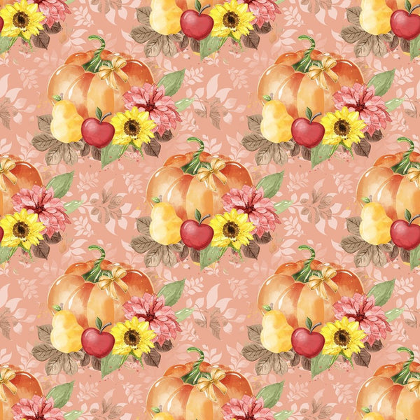 Fall Pumpkins & Floral Vines Fabric - Pink - ineedfabric.com