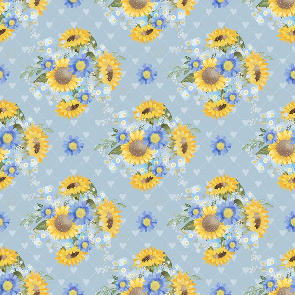 Vintage Autumn Sunflower Fabric - Blue
