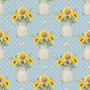 Farmhouse Sunflowers in Watering Can Fabric - Blue - ineedfabric.com