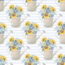 Farmhouse Sunflowers in Watering Can on Blue Stripes Fabric - ineedfabric.com