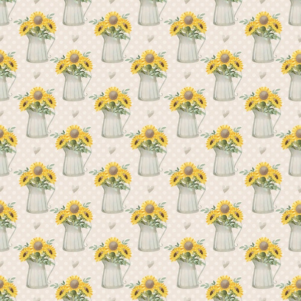 Farmhouse Sunflowers in Watering Can on Dots Fabric - Tan - ineedfabric.com