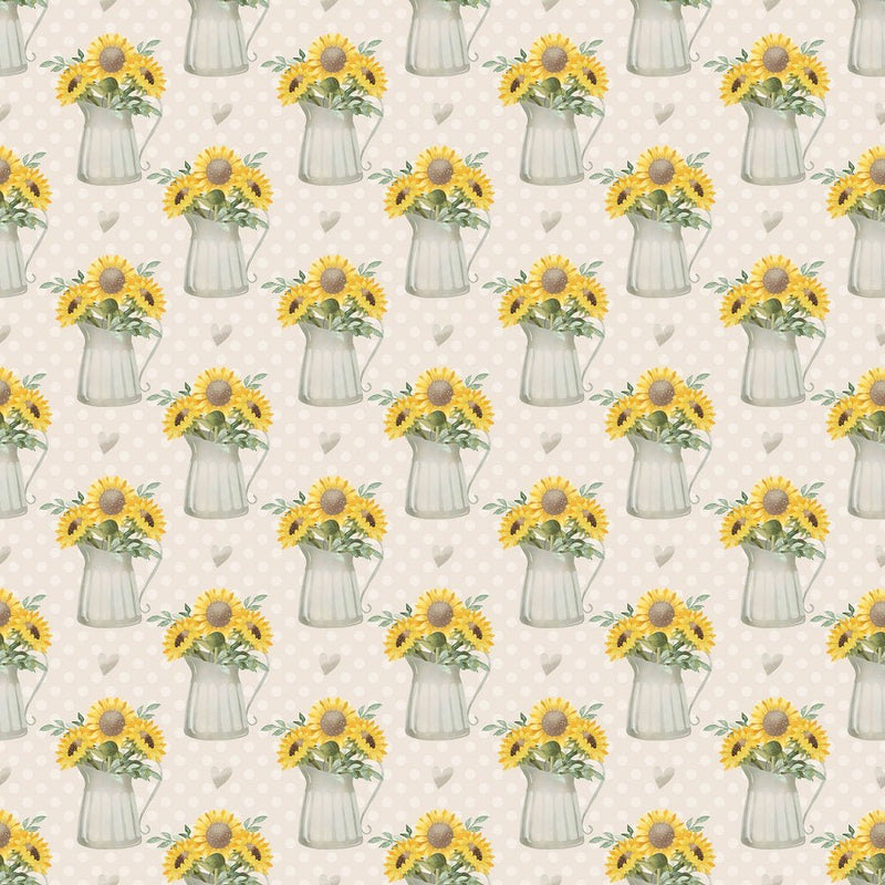Farmhouse Sunflowers in Watering Can on Dots Fabric - Tan - ineedfabric.com