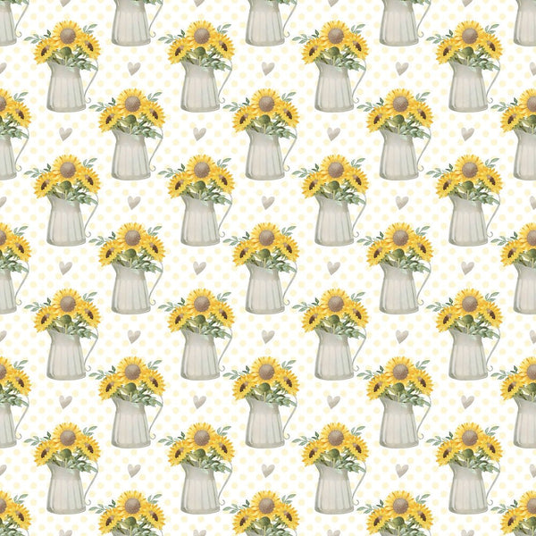 Farmhouse Sunflowers in Watering Can on Dots Fabric - White - ineedfabric.com