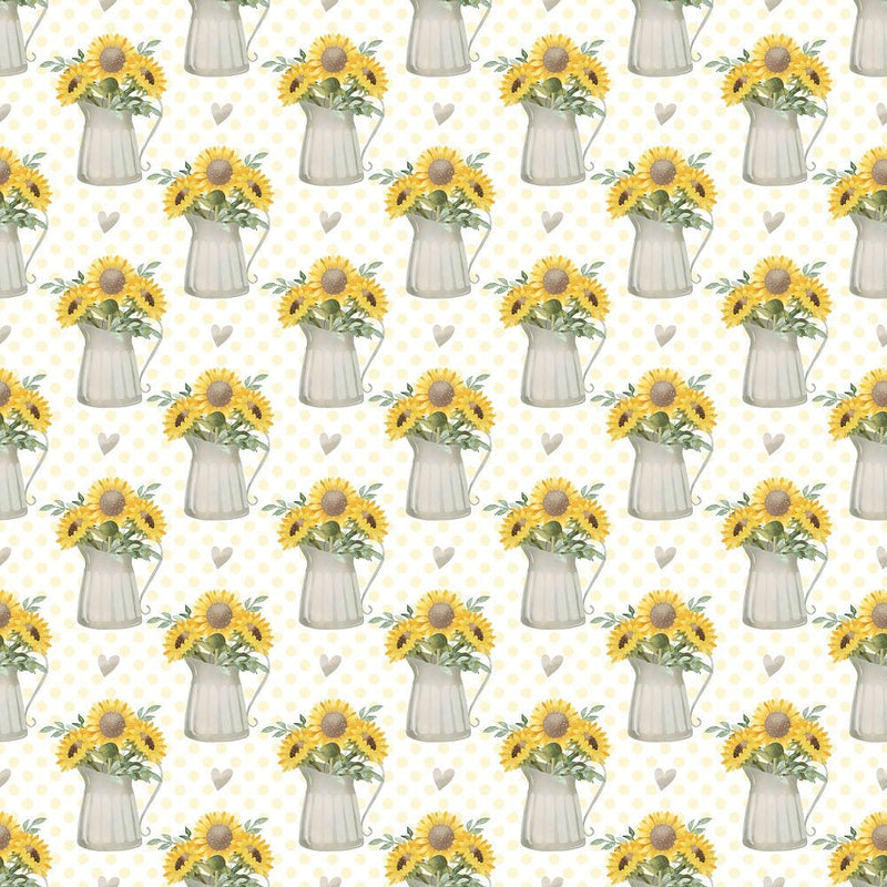 Farmhouse Sunflowers in Watering Can on Dots Fabric - White - ineedfabric.com