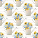 Farmhouse Sunflowers in Watering Can on Tan Stripes Fabric - ineedfabric.com
