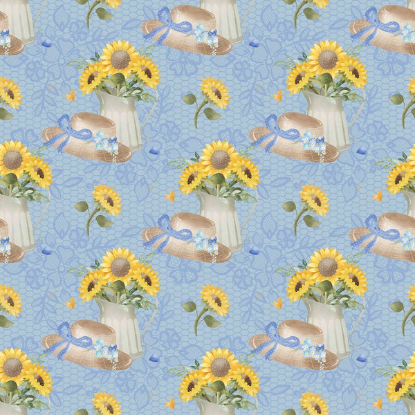 Farmhouse Sunflowers on Lace Fabric - Blue - ineedfabric.com