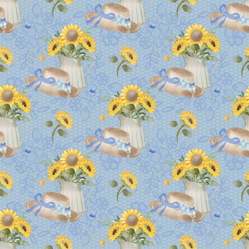 Farmhouse Sunflowers on Lace Fabric - Blue - ineedfabric.com