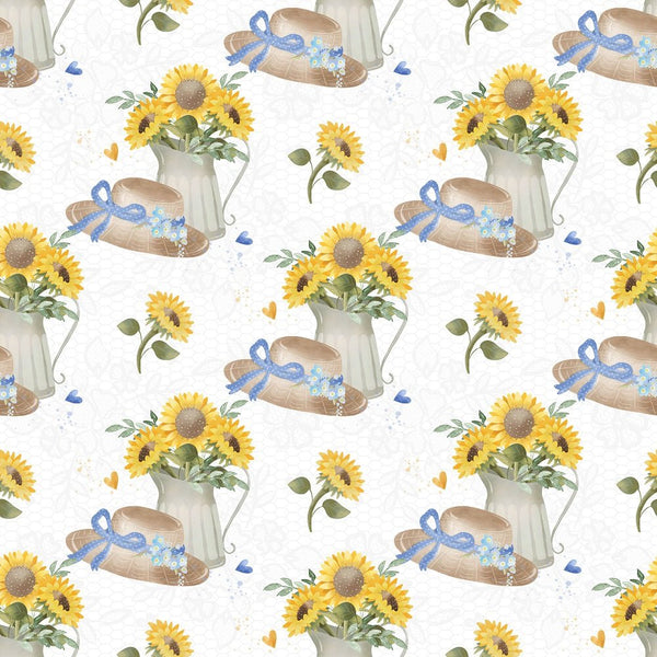 Farmhouse Sunflowers on Lace Fabric - White - ineedfabric.com