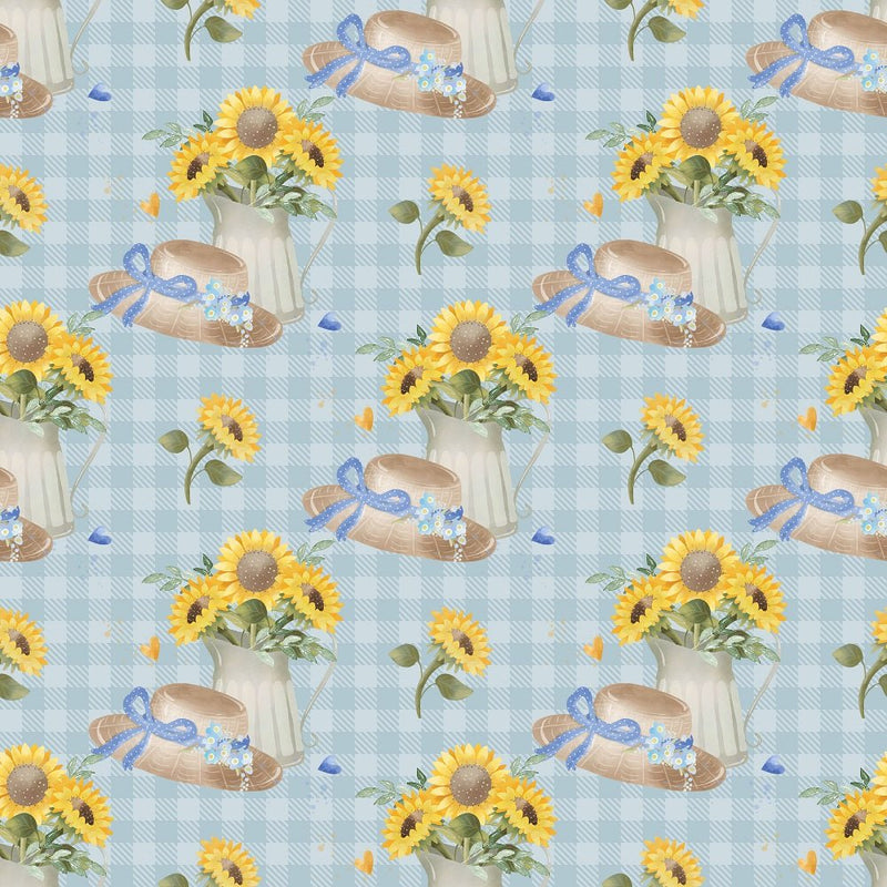 Farmhouse Sunflowers on Plaid Fabric - Blue - ineedfabric.com