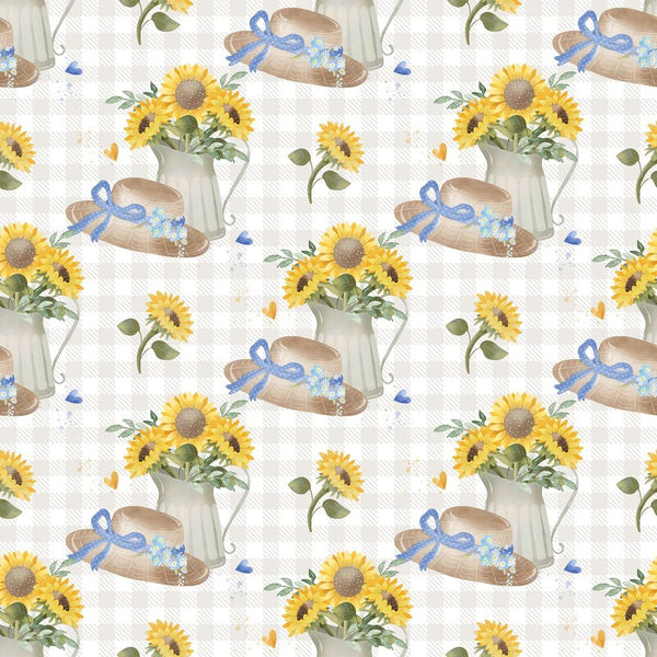 Farmhouse Sunflowers on Plaid Fabric - White - ineedfabric.com