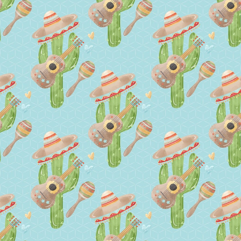 Fiesta! Cactus with Hats Fabric - Blue - ineedfabric.com