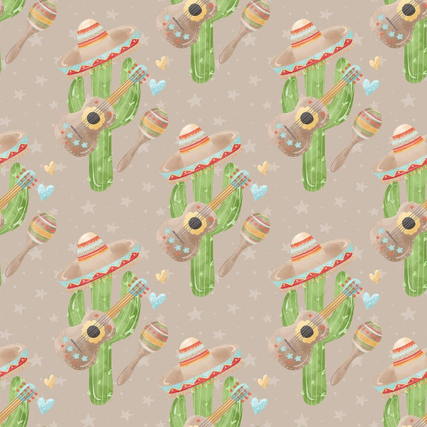 Fiesta! Cactus with Hats Fabric - Brown - ineedfabric.com