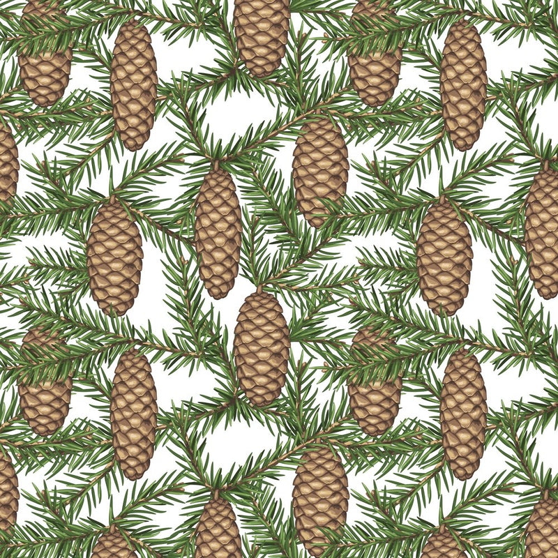 Fir Tree & Pinecone Fabric - White - ineedfabric.com