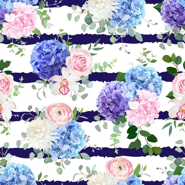 Floral Bouquets on Blue Stripes Fabric - ineedfabric.com