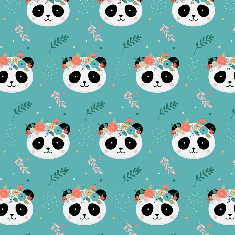 Floral Crown Panda Fabric - Blue - ineedfabric.com