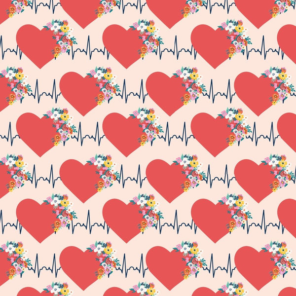 Floral EKG Hearts Fabric - Pink - ineedfabric.com