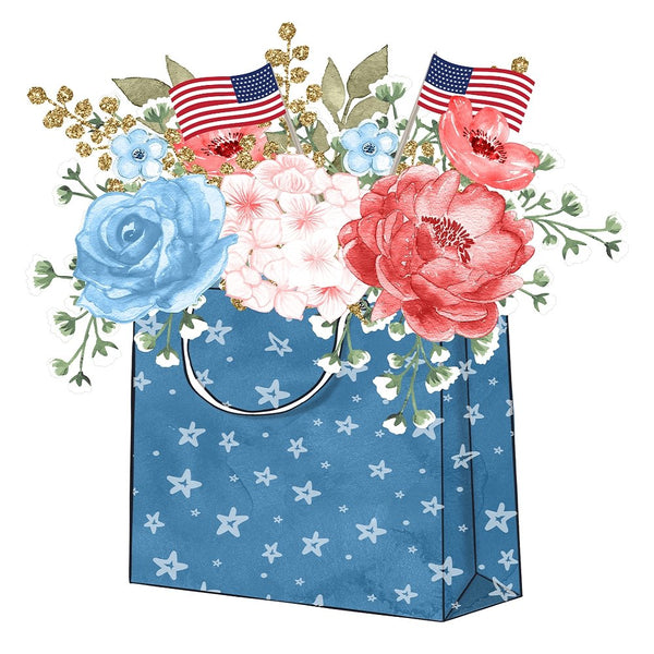 Floral Gift Bag With Flags Fabric Panel - Blue - ineedfabric.com