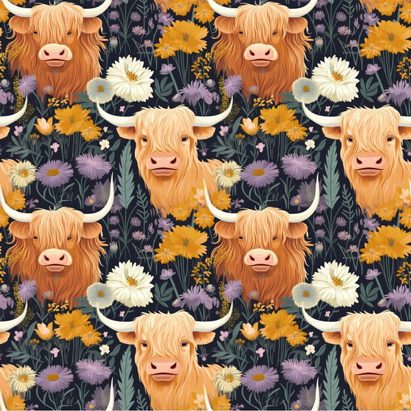 Floral Highland Cows Pattern 1 Fabric - ineedfabric.com