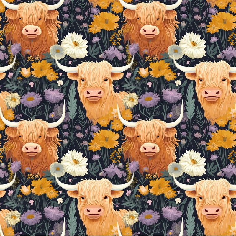 Floral Highland Cows Pattern 1 Fabric - ineedfabric.com