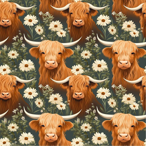 Floral Highland Cows Pattern 10 Fabric - ineedfabric.com