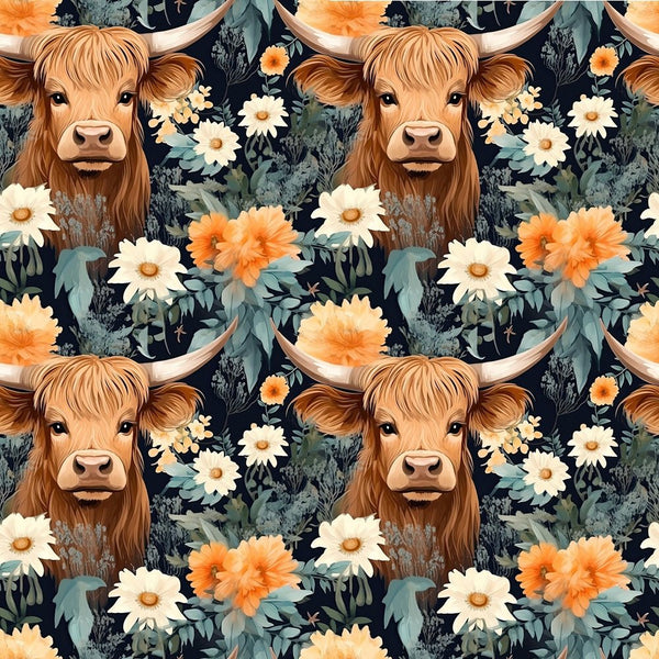 Floral Highland Cows Pattern 11 Fabric - ineedfabric.com