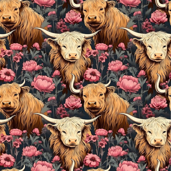 Floral Highland Cows Pattern 12 Fabric - ineedfabric.com