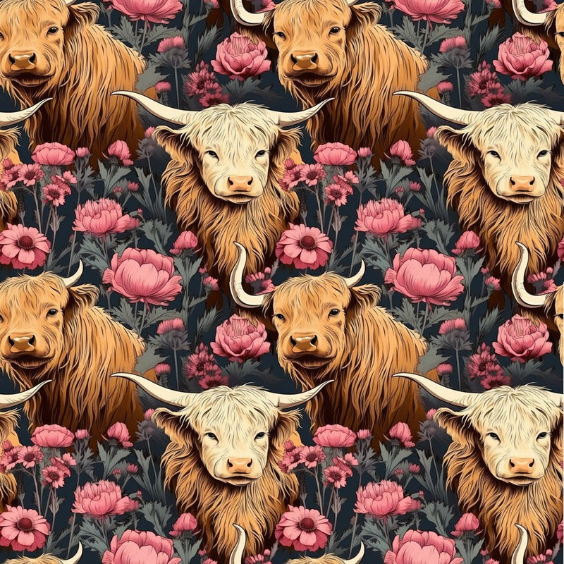 Floral Highland Cows Pattern 12 Fabric - ineedfabric.com